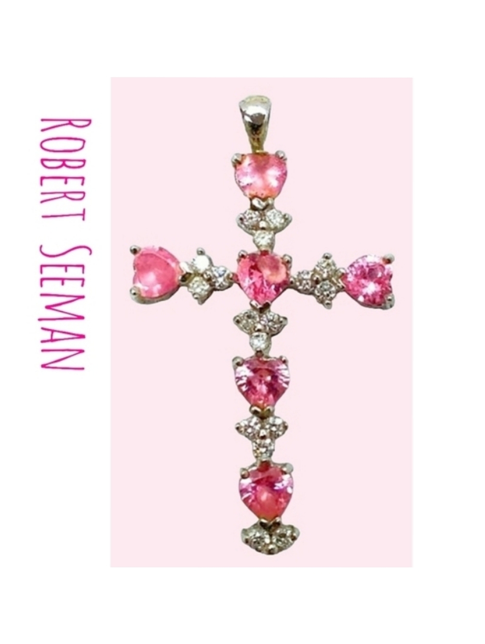 925 Robert Seeman Cross Pendant Pink Heart Cubic Zirconias Denmark VTG